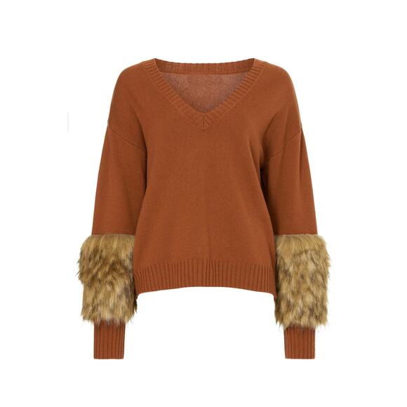NAADAM Cashmere Sweater with Faux Fur Cuff Sleeves in Rust Brown - Picture 5 of 9